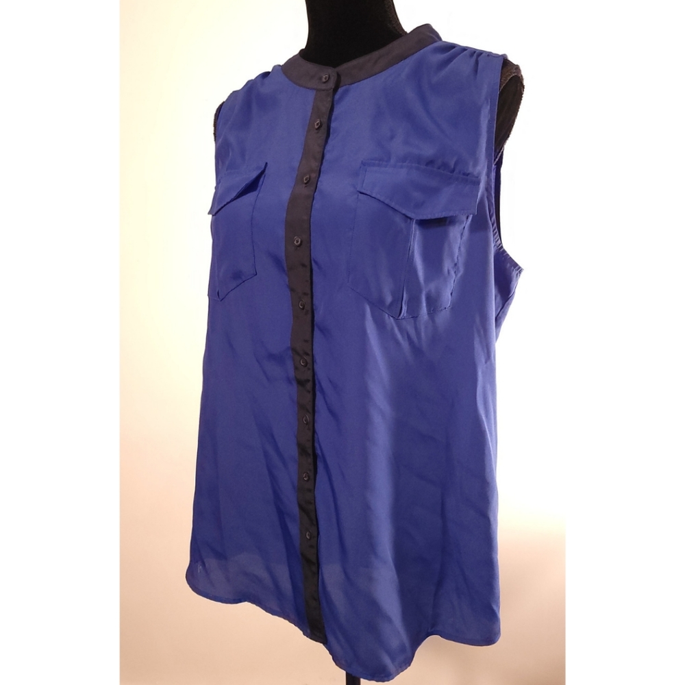 J. Crew Blue Black Sleeveless Button Down Faux Front Pocket Career Blouse Sz 14